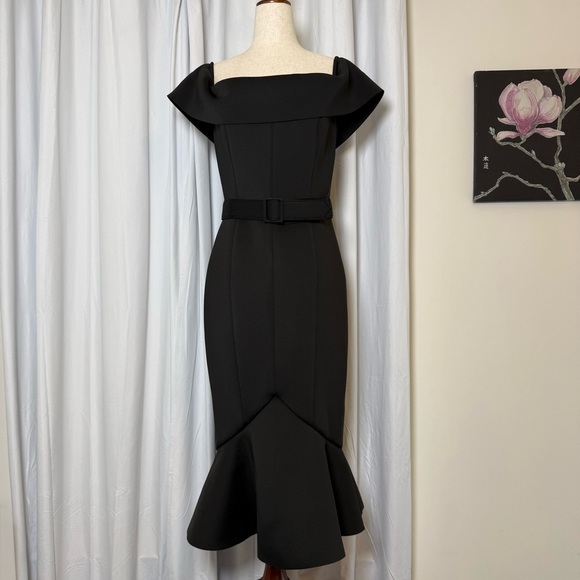 Badgley Mischka Dresses & Skirts - Badgley Mischka Off Shoulder Belted Scuba Dress Black NWT Size 8